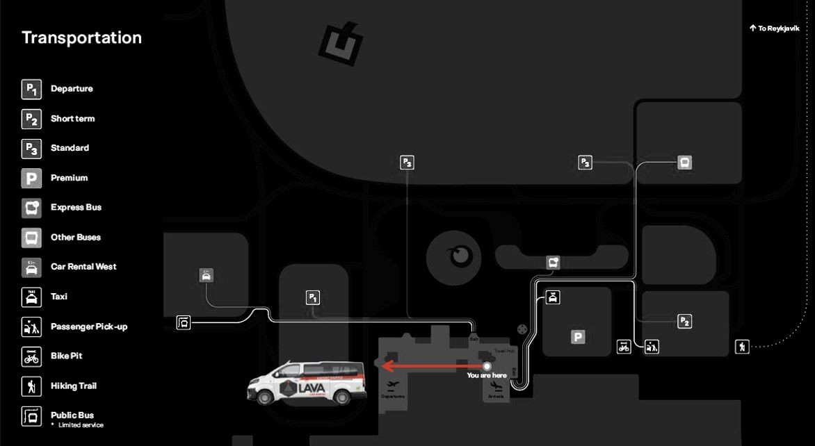 Map of airport pick-up at Keflavik airport with Lava Car Rental Evening Meeting point airport shuttle