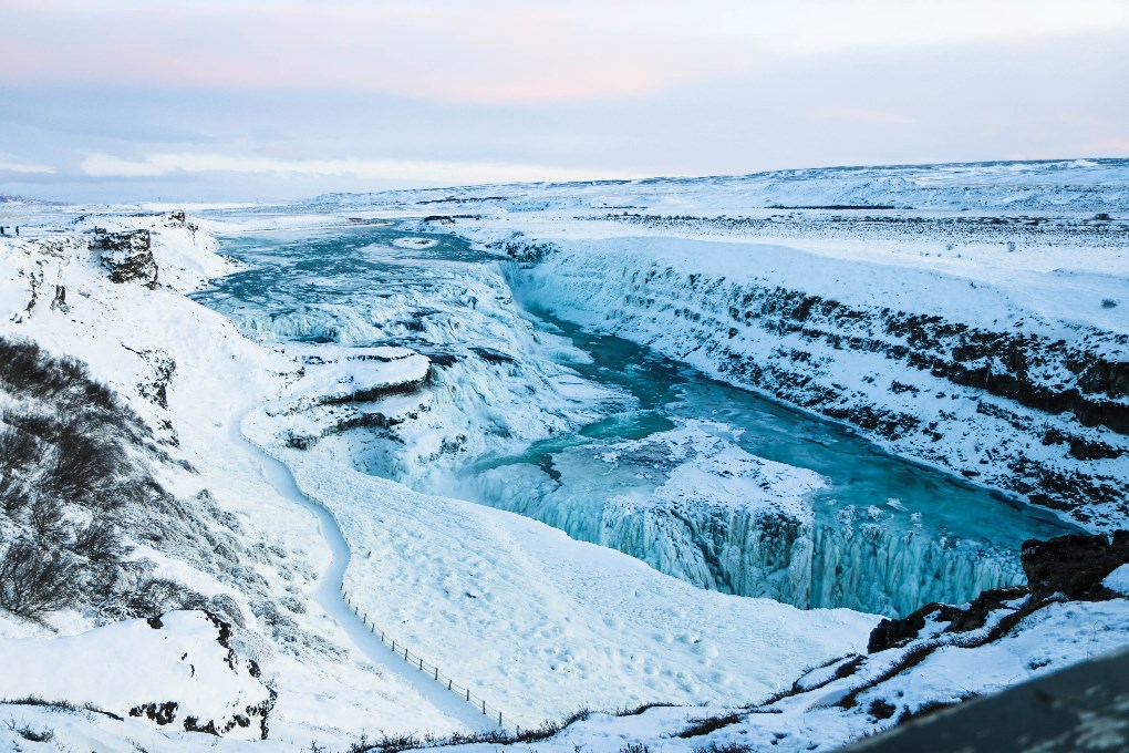 Gullfoss Waterfall covered by snow in winter