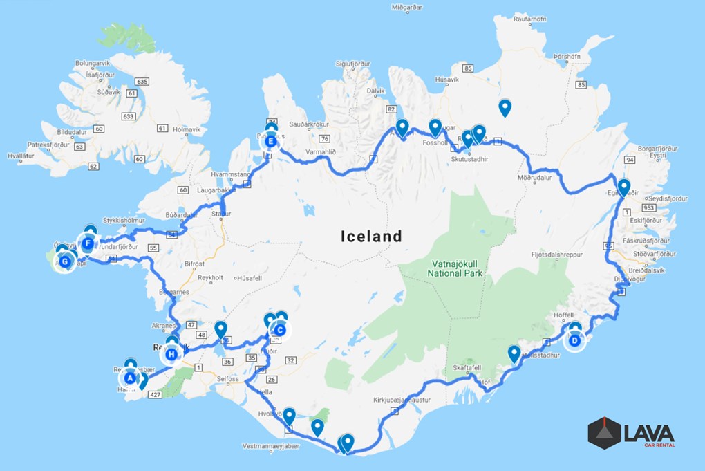 Carte de l'itinéraire en Islande de 10 jours