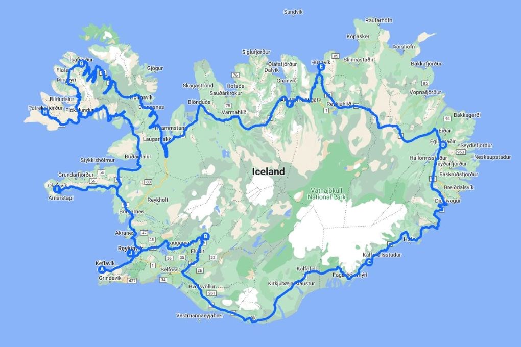 3-weeks itinerary map in Iceland with Westfjords