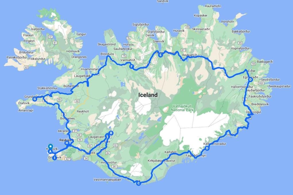 3 weeks itinerary map in Iceland in wintertime
