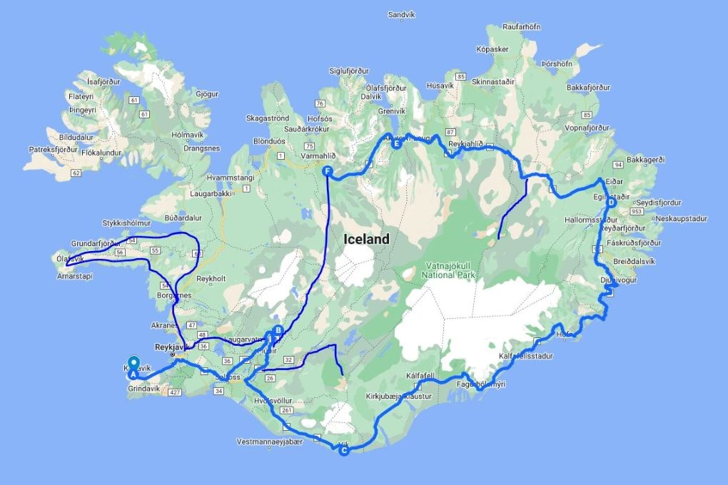3 weeks itinerary map in Iceland with Highlands
