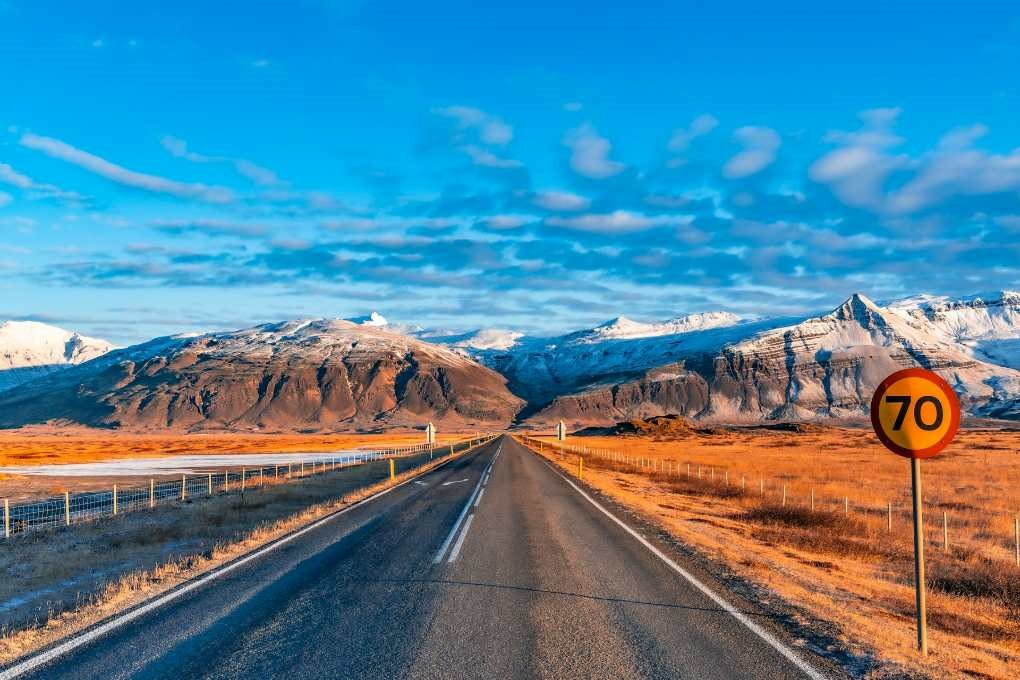 Road with speed limit sign in Iceland