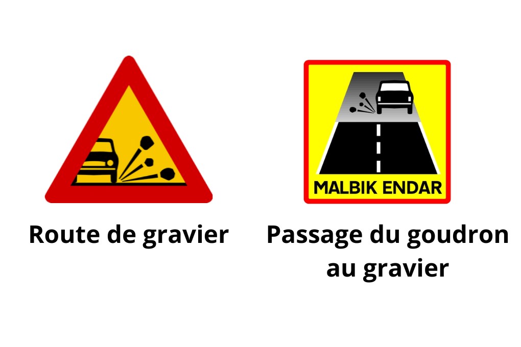 Panneaux signalant une route de gravier