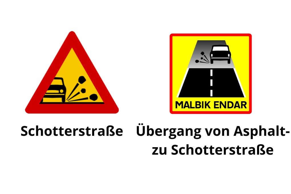 Isländische Verkehrsschilder für Schotterstraßen